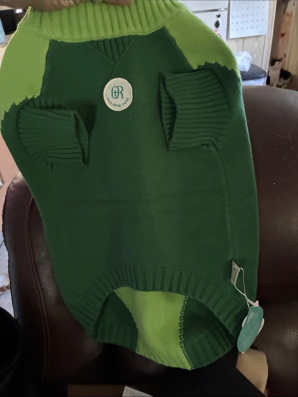 On The Run Green Two-Tone Knit Pet Sweater